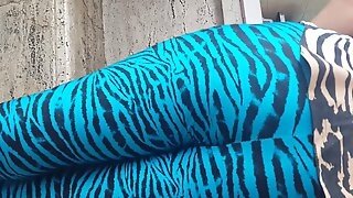 Mature Woman In Blue Zebra Leggings